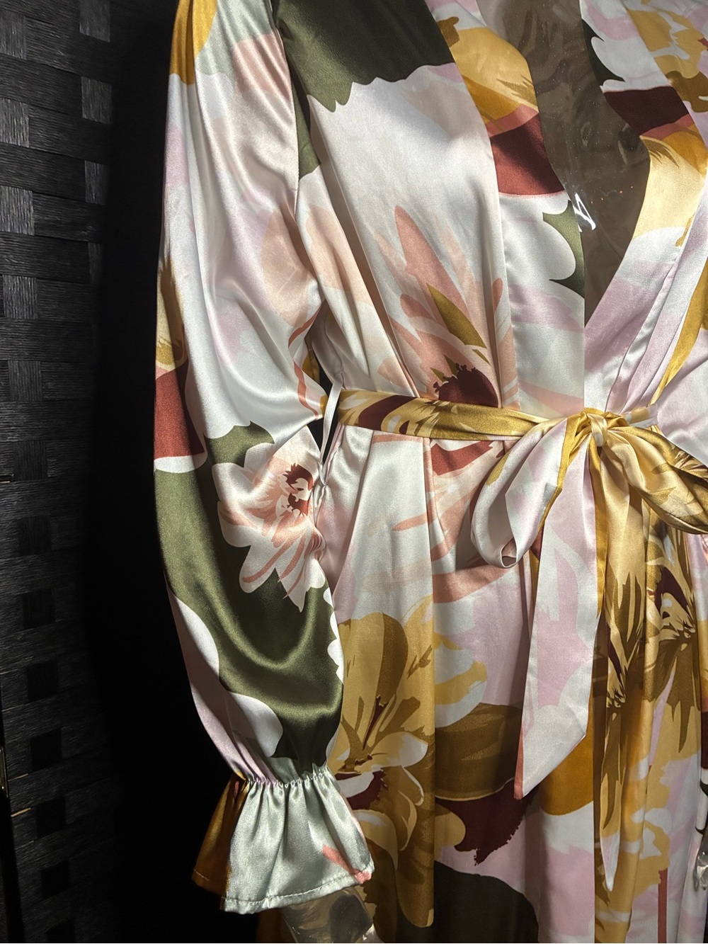 Floral Satin Wrap Maxi Robe - Pink & Mustard - Picture 4 of 8